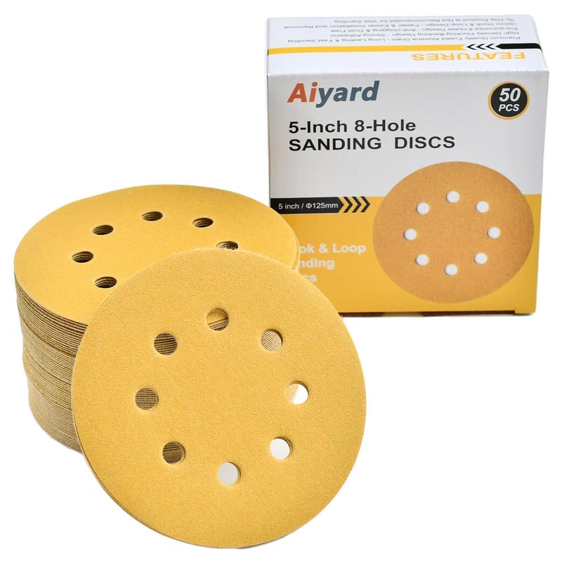 Aiyard 5-Inch 8-Hole Hook and Loop Sanding Discs 180-Grit Random Orbit Sandpaper, 50-Pack - Image 1